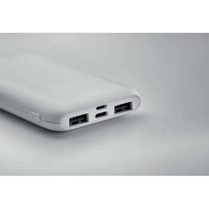 Power bank 5000 mah alb dreptunghiular cu două porturi usb și un port micro-usb pentru încărcare portabilă