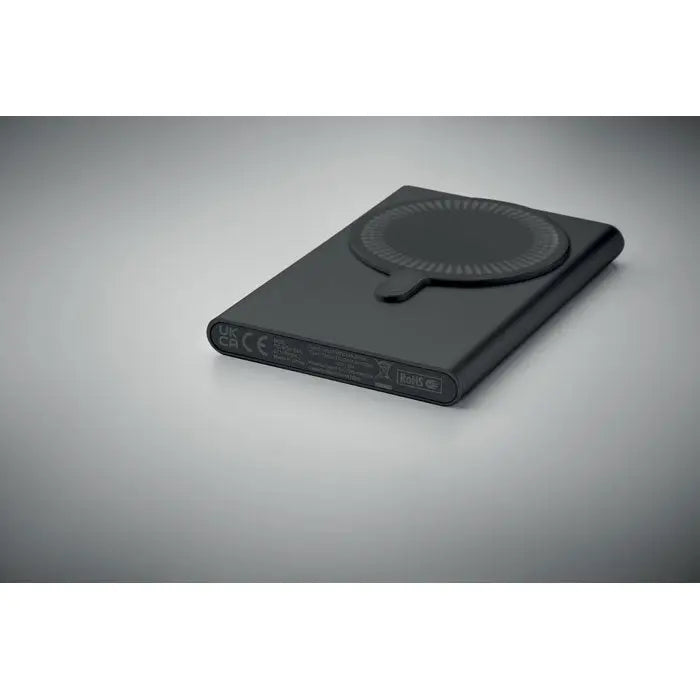 Power bank incarcator wireless negru dreptunghiular cu pad circular metalic si finisaj elegant pentru incarcare rapida