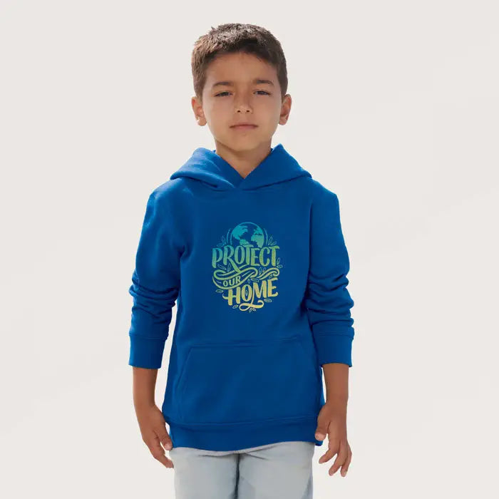 Pulover cu gluga condor kids albastru pentru copii cu mesaj protect our home si ilustratie glob in script teal si galben
