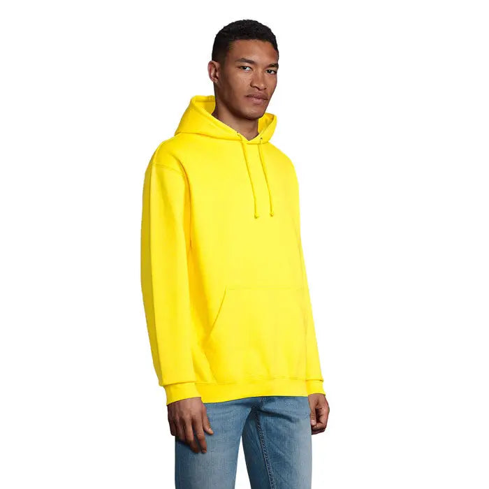 Pulover cu gluga unisex condor galben aprins cu snururi asortate si buzunar frontal din material moale
