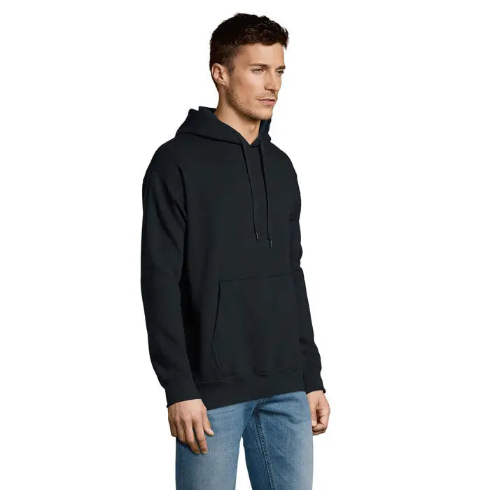Pulover cu gluga unisex slam negru cu buzunar frontal si snururi pentru ajustare