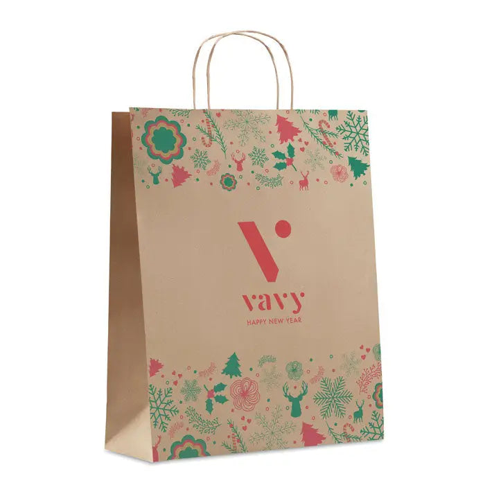 Punga de hartie cadou mare bej cu motive verzi si rosii de sarbatori si logo vavy pe fata