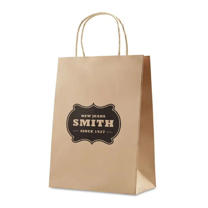 Punga de hartie cadou medie maro cu manere rasucite din iuta si logo negru new jeans smith din 1927
