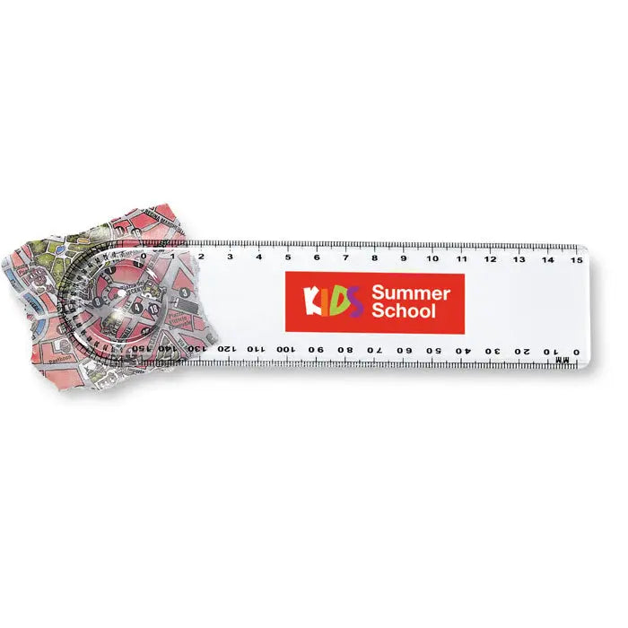 Rigla cu lupa alba din plastic cu marcaje negre si logo rosu kids summer school si raportor circular colorat