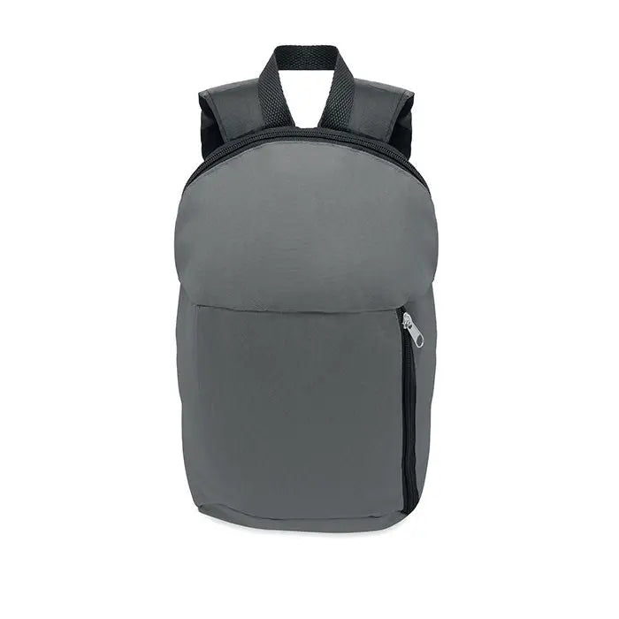 Rucsac cu buzunar frontal din nylon gri cu fermoare negre si bretele de umar negre