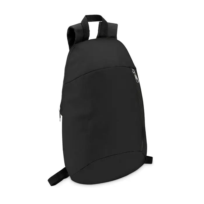 Rucsac cu buzunar frontal negru din nylon cu fermoare argintii si bretele reglabile