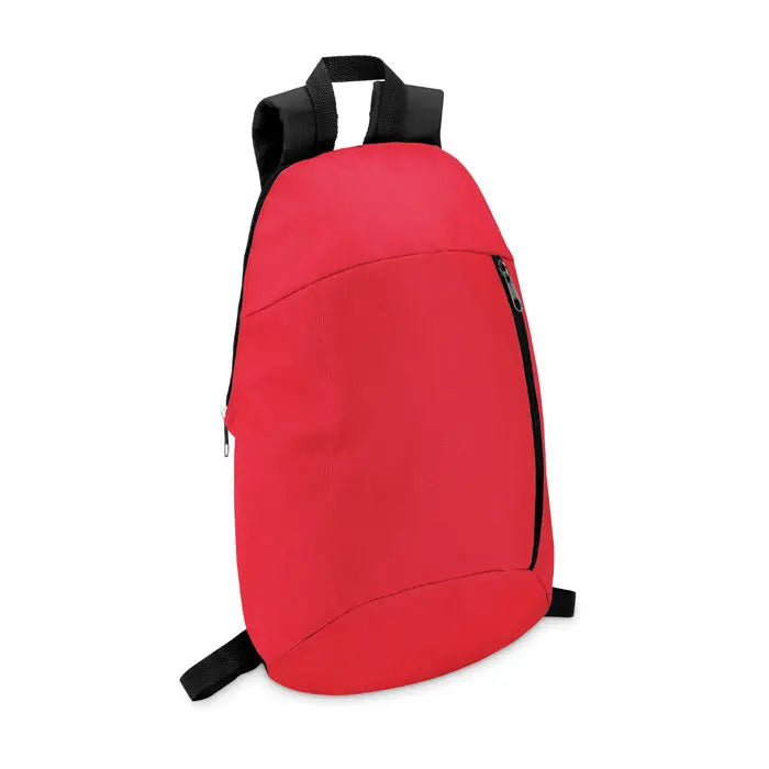 Rucsac din nylon roșu cu buzunar frontal și curele negre pentru purtare confortabilă zilnică