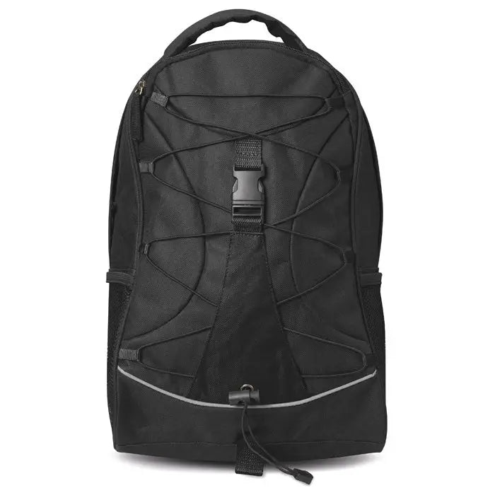 Rucsac de aventura negru din nylon cu bretele intarite si dunga reflectorizanta pe partea din spate