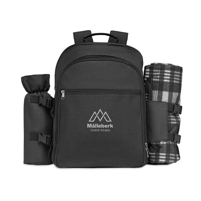 Rucsac de picnic pentru 4 persoane black måleberk cu trei varfuri, sticla termoizolanta si patura in carouri atasate