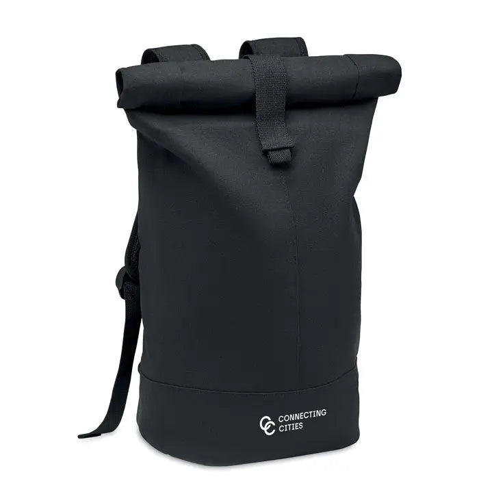 Rucsac din panza spalata negru cu design minimalist si logo alb discret la baza