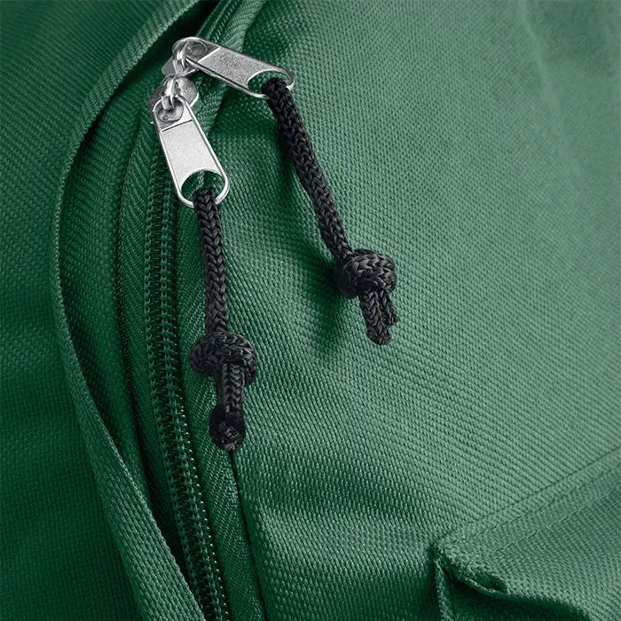 Rucsac din poliester 600d verde cu fermoar si capete metalice argintii si snururi negre impletite