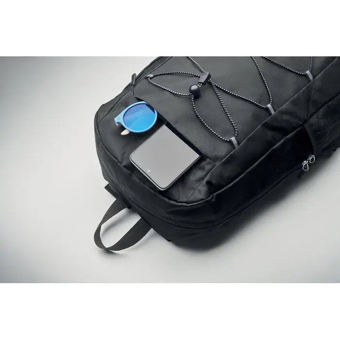 Rucsac din poliester 600d rpet negru cu buzunare laterale din plasa si bretele ajustabile