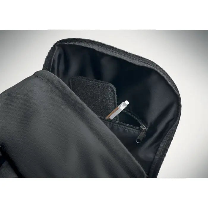 Rucsac pentru laptop de 15 inchi negru din nailon cu buzunar interior cu fermoar si pix