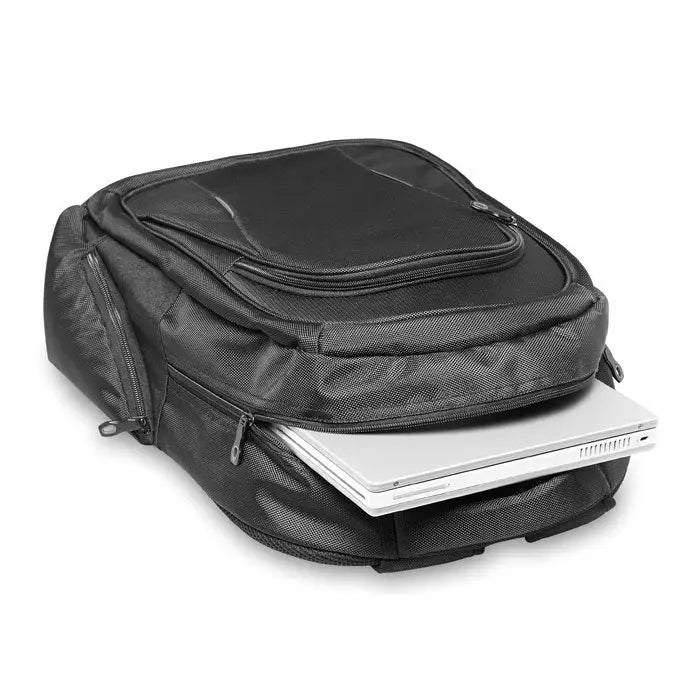 Rucsac pentru laptop din nylon negru cu multiple compartimente cu fermoar si buzunar frontal pentru laptop argintiu