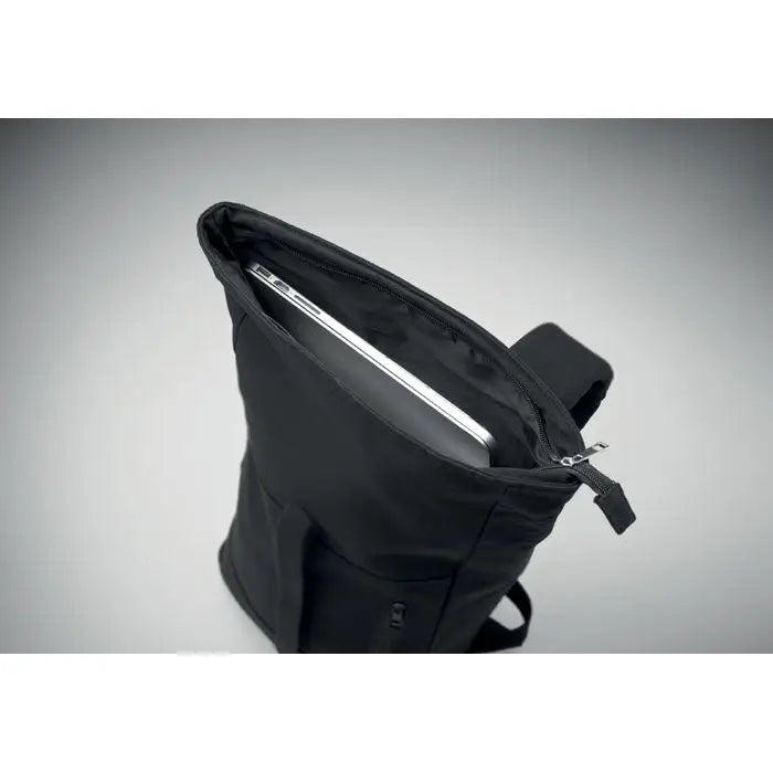Rucsac pentru laptop rolltop de 15 inchi negru din nylon cu design minimalist si bretea ajustabila pentru umar