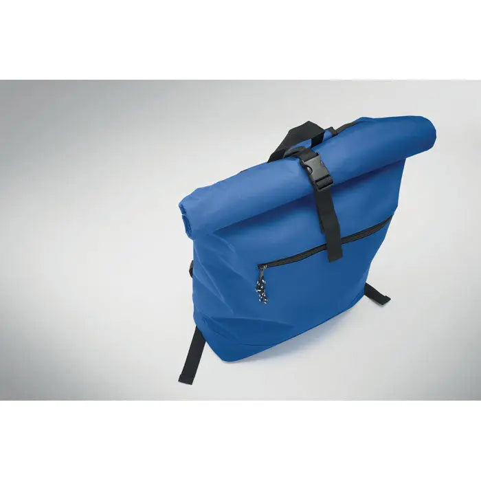 Rucsac rolltop albastru din poliester 600d cu bretele si fermoare negre