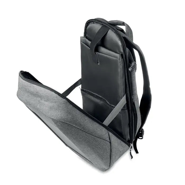 Rucsac solar gri texturat cu accente negre și compartimente multiple cu fermoar pentru laptop