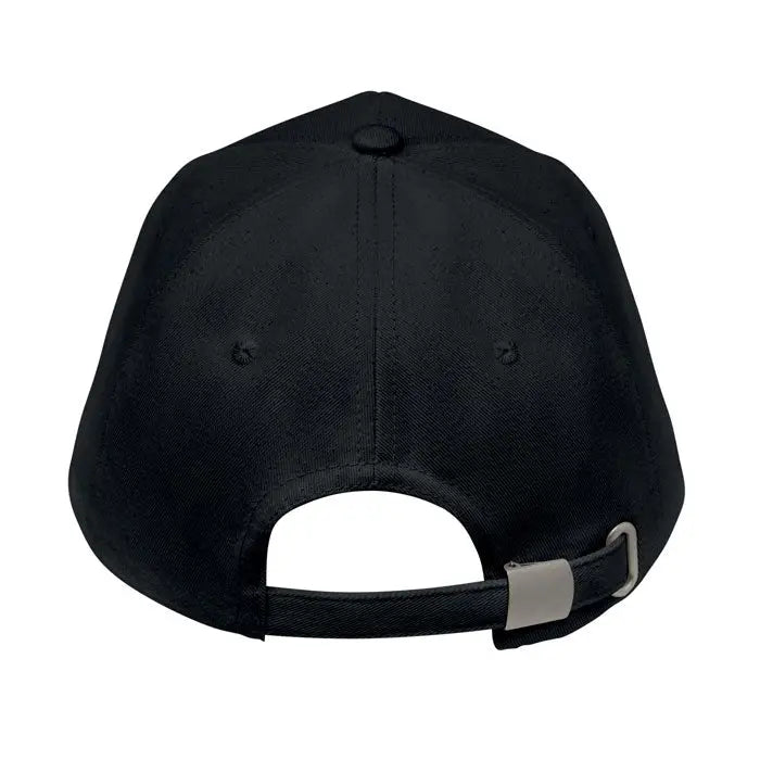 Sapca de baseball din bumbac organic neagra cu bretea textila si catarama metalica argintie pe partea din spate