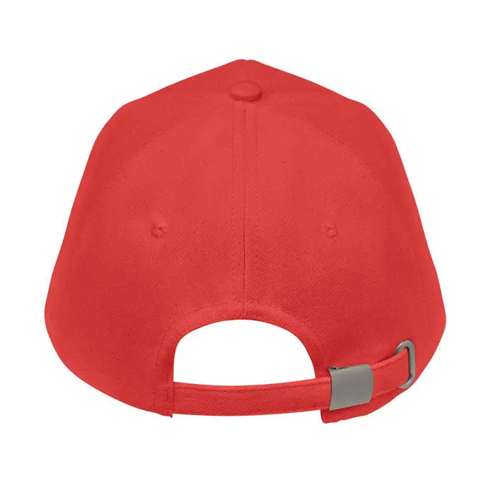 Sapca de baseball din bumbac organic rosie cu curea textila si catarama metalica argintie pe partea din spate