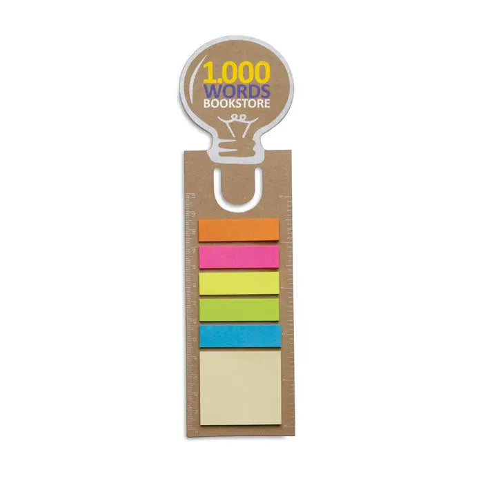 Semn de carte cu bloc de note lipicios din carton maro cu notite colorate si varf in forma de bec branduit 1000 words bookstore
