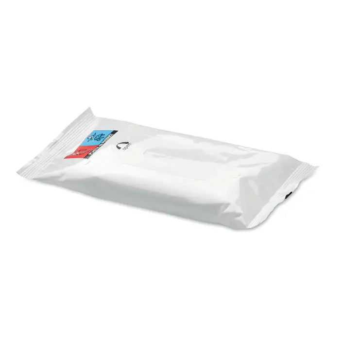 Pachet alb lucios din plastic cu șervețele umede de unică folosință etichetă roșu și albastru pe partea superioară