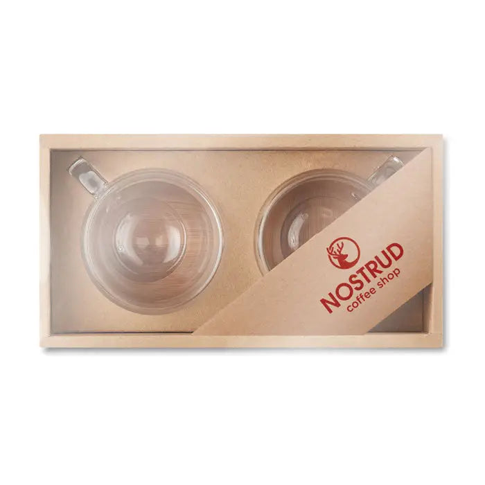Set 2 espresso cupe din sticla clara cu perete dublu si maner in cutie de lemn