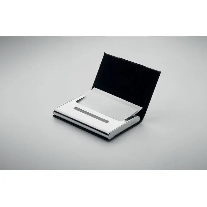 Set cadou 3 piese cu suport pentru carti de vizita din metal argintiu cu captuseala neagra interior
