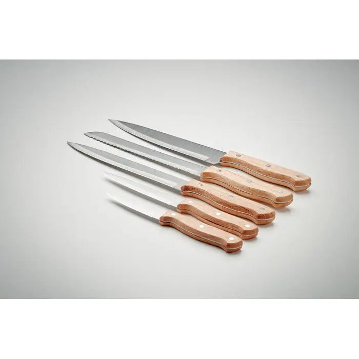 Set cutit din 5 bucati cu manere din lemn si lame din otel inoxidabil cu design clasic si finisaj natural