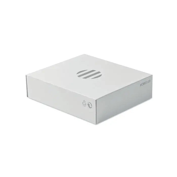 Set de 3 piese de iarna rpET în cutie carton albă dreptunghiulară cu logo hp gri deschis pe suprafața de sus