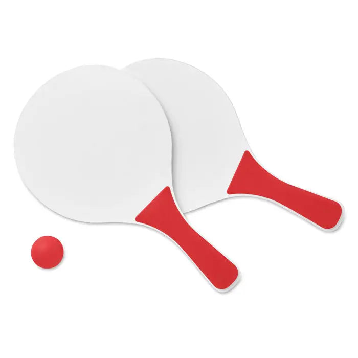 Set mic de tenis de plaja alb si rosu cu palete si minge rosie potrivit pentru joc in aer liber