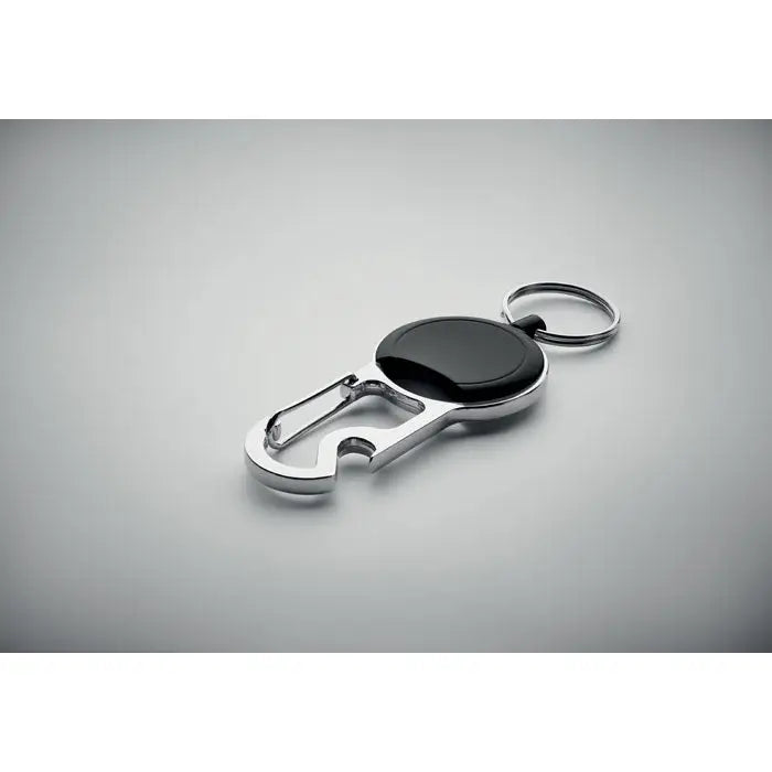 Set suport retractabil pentru insigna cu breloc multiutilitar argintiu si negru cu deschizator de sticle integrat