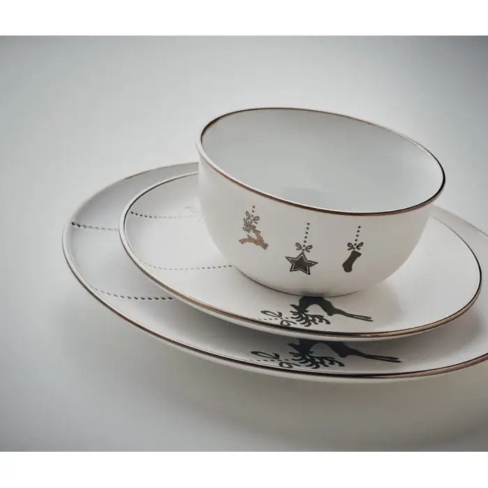 Setul ceramic din 4 piese cu bol alb din ceramică decorat cu ilustrații de Crăciun negre și aurii