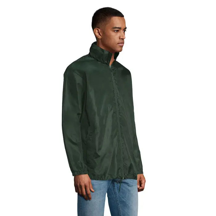 Jachetă shift unisex supravent din nailon ușor verde închis cu guler înalt și fermoar cu lungime completă