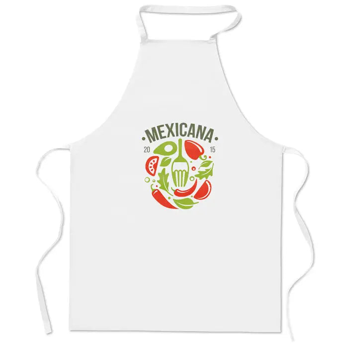 Sort de bucatarie din bumbac alb cu design circular colorat si ilustratii mexicane de ardei rosii si verde