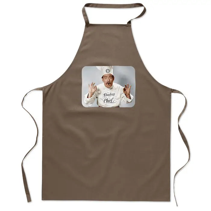 Sort de bucatarie din bumbac maro cu imagine imprimata a unui bucatar in uniforma alba si textul today chef