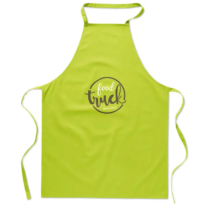 Sort de bucatarie din bumbac verde lime cu logo negru circular food truck taco și salsa