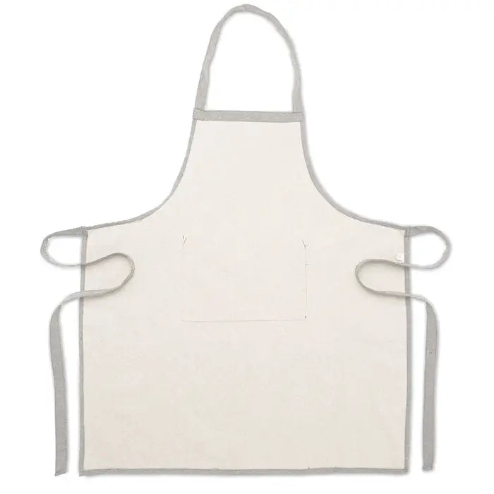 Sort de bucatarie din bumbac reciclat off-white simplu cu margini si snururi gri