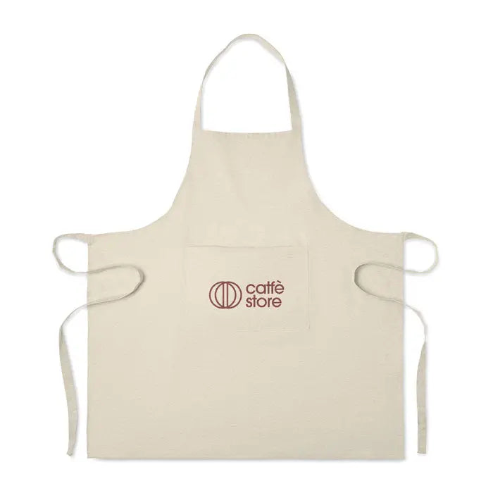 Sort de bucatarie din bumbac reciclat bej cu buzunar frontal si logo caffè store maro