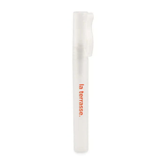 Spray de lotiune de protectie solara 10 ml alb translucid din plastic cu capac si brandul la terrasse portocaliu