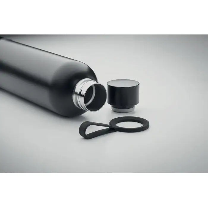 Sticla cu perete dublu de 500 ml din otel inoxidabil negru mat cu gat argintiu filetat si capac negru cu agatatoare din silicon