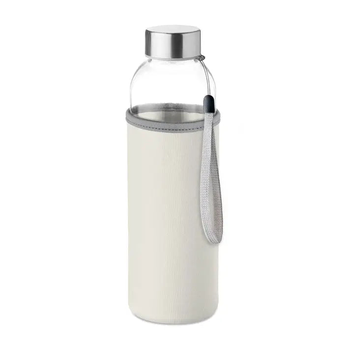 Sticla de sticla 500ml transparenta cu capac metalic argintiu si husa neopren crem cu bratara plasata gri