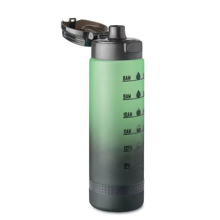Sticla de apa sport rpet 1l verde și negru cu capac flip-top și remindere de hidratare orare