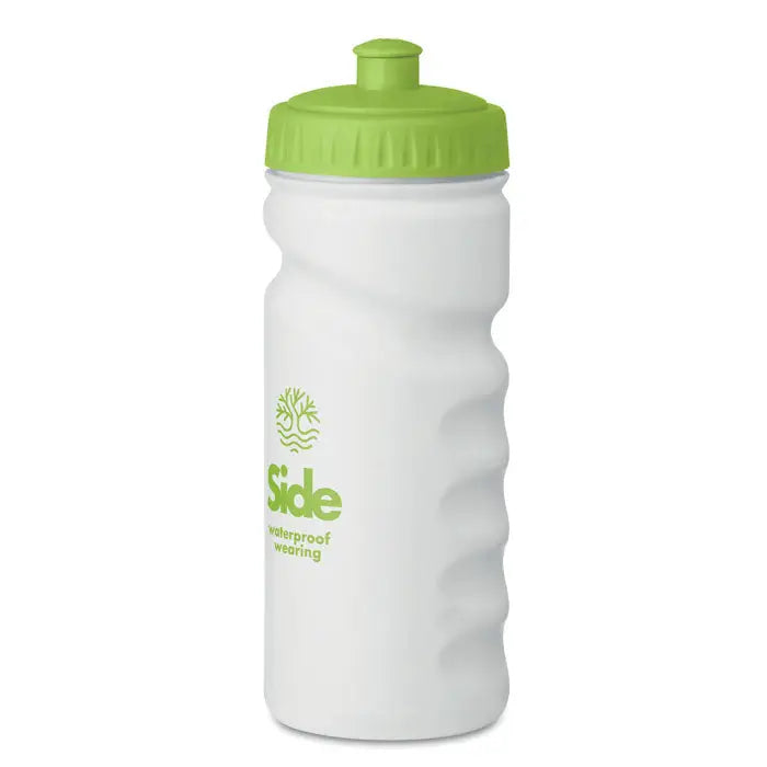 Sticlă sport 500ml albă din plastic cu capac verde lime și logo asortat pentru hidratare sportivă