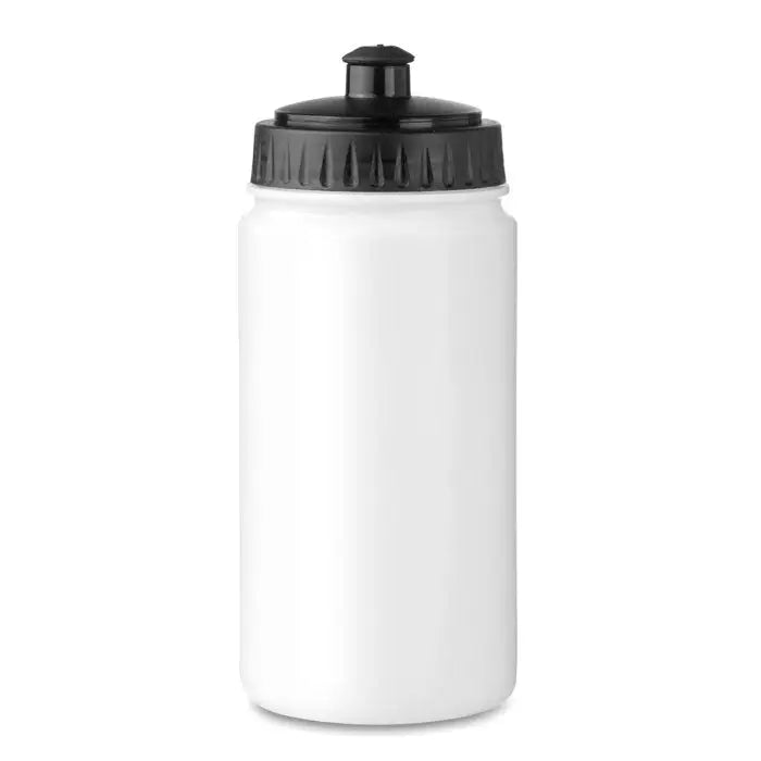Sticla sport 500ml apă albă din plastic cu capac negru cu filet și textură pentru priză