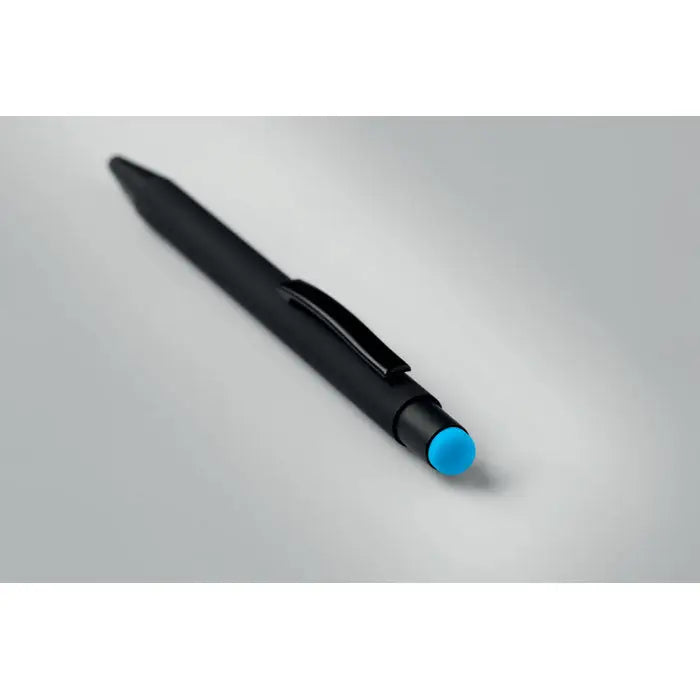 Stilou din aluminiu cu pix negru, capac albastru intens si grip texturat pentru scris confortabil