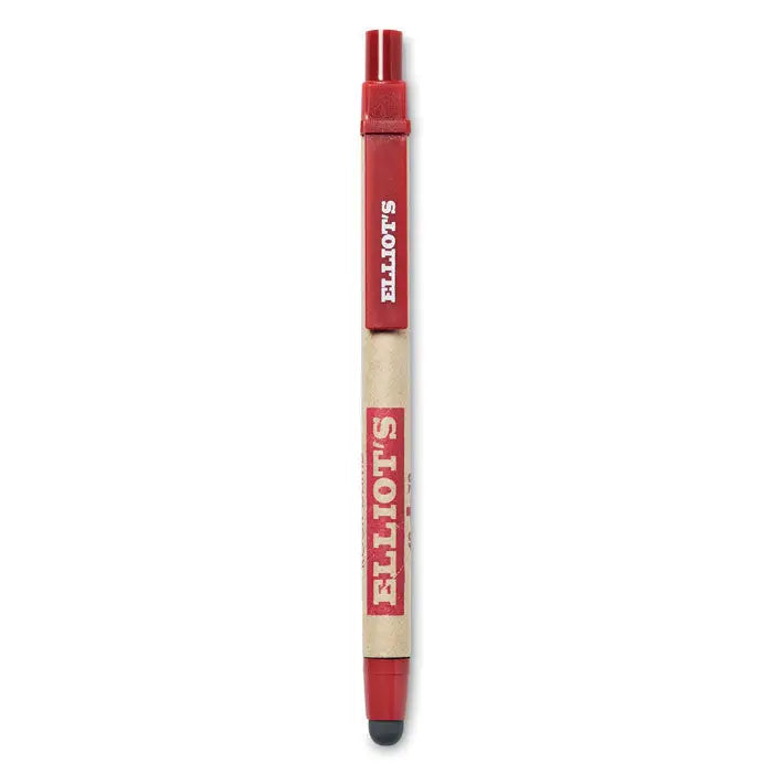 Stilou din carton reciclat rosu si bej stilou cu rollerball si branding elliot pe capac si corp