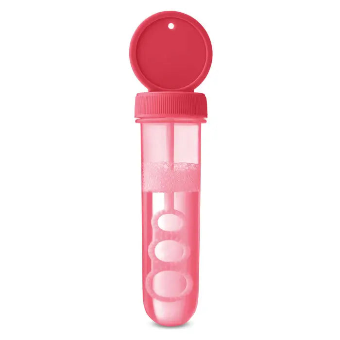 Suflanta cu bule roz din plastic cu capac si trei duze circulare pentru suflat baloane