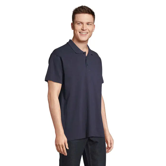 Polo albastru închis pentru bărbați cu mâneci scurte, guler clasic și nasturi, material 170g, model summer II men
