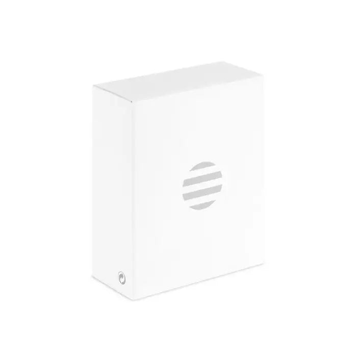 Suport pentru telefon alb dreptunghiular cu logo circular cu dungi orizontale si emblemă argintie mica