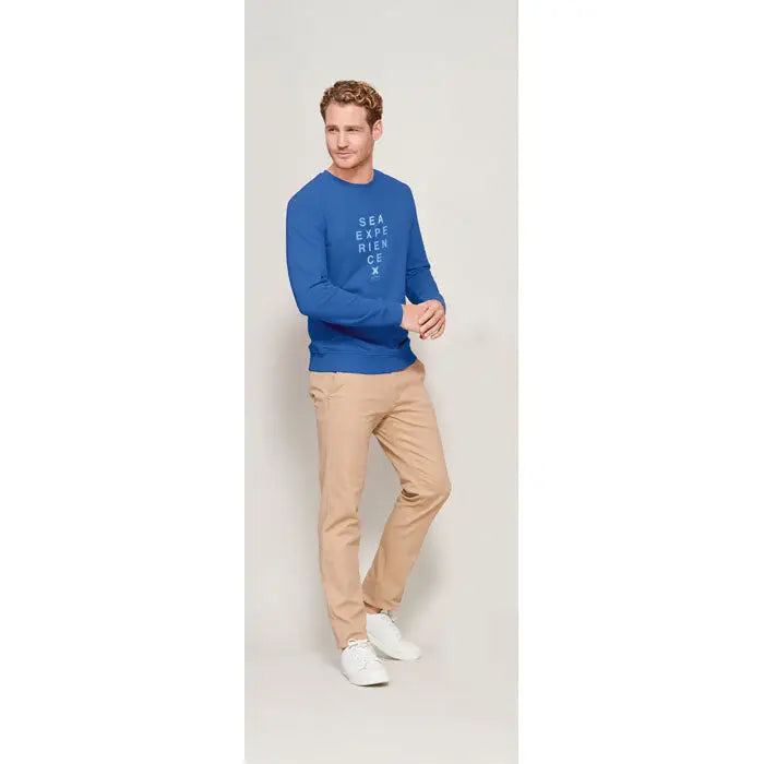 Sweatshirt unisex albastru cu maneci lungi din material 280 cu text alb sea experience pe piept
